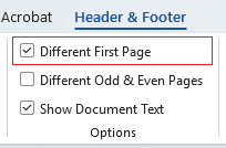 Different first page on ribbon in Word